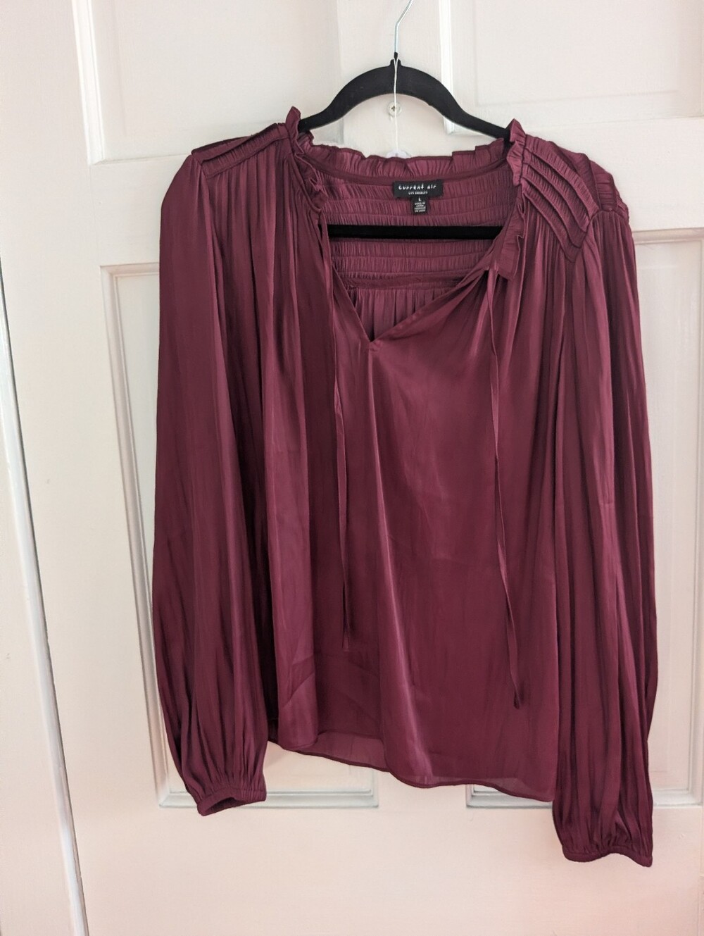Current Air Los Angeles Burgundy Smocked Ruffle Peasant Blouse Size L - Picture 2 of 5